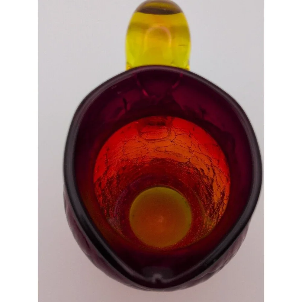 Amberina Crackle Glass Mini Pitcher With UV Reactive Glow & Yellow Handle Approx